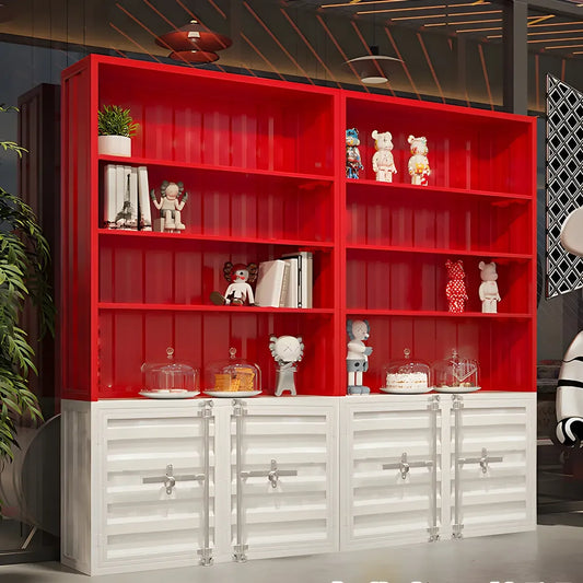 Vitrine industrielle en métal rouge avec rangement ouvert pour la maison