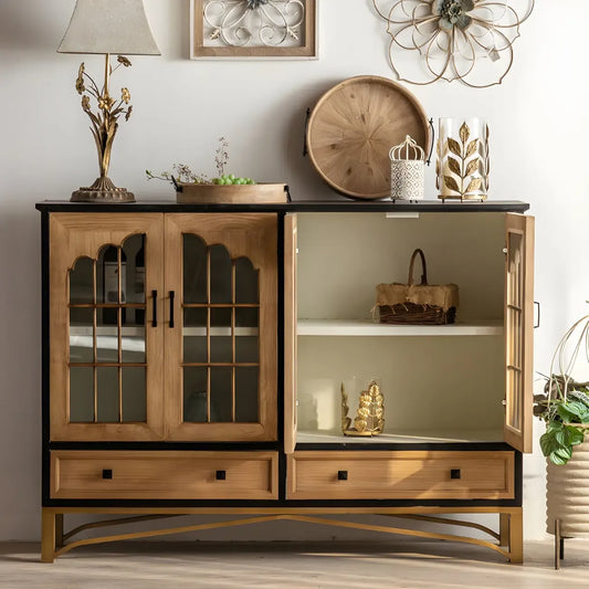 Vitrine en bois naturel avec portes vitrées et tiroirs