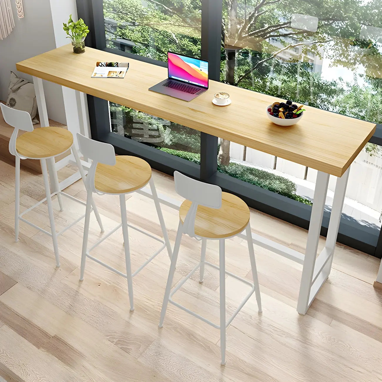 Table de bar moderne rustique avec plateau en pin et piètement en fer