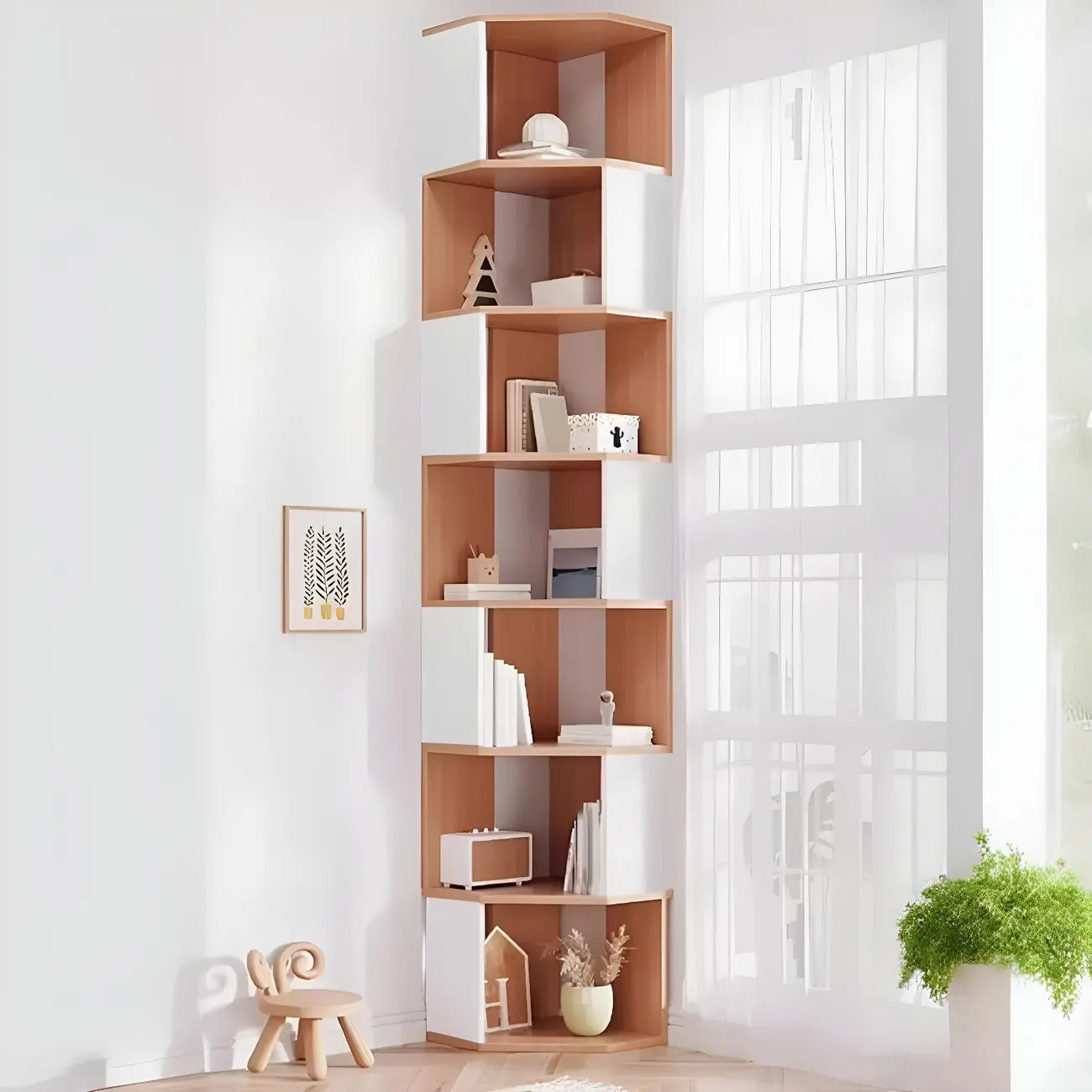 Bibliothèque d'angle haute en bois à 5 niveaux pour petits espaces