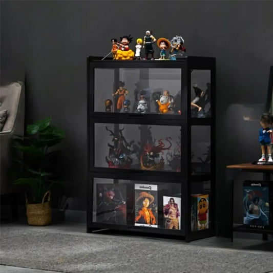 Vitrine moderne en bambou noir et verre avec porte rabattable