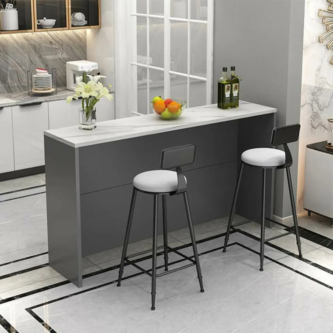 Table de bar élégante avec plateau en pierre et bois pour salon