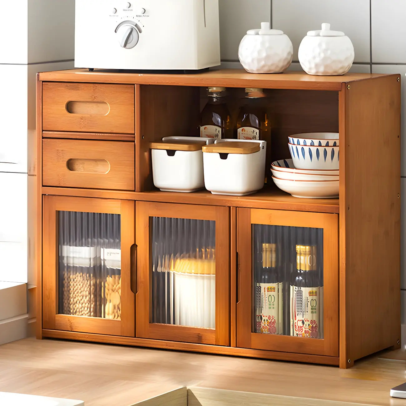 Vitrine moderne en bambou avec portes en acrylique