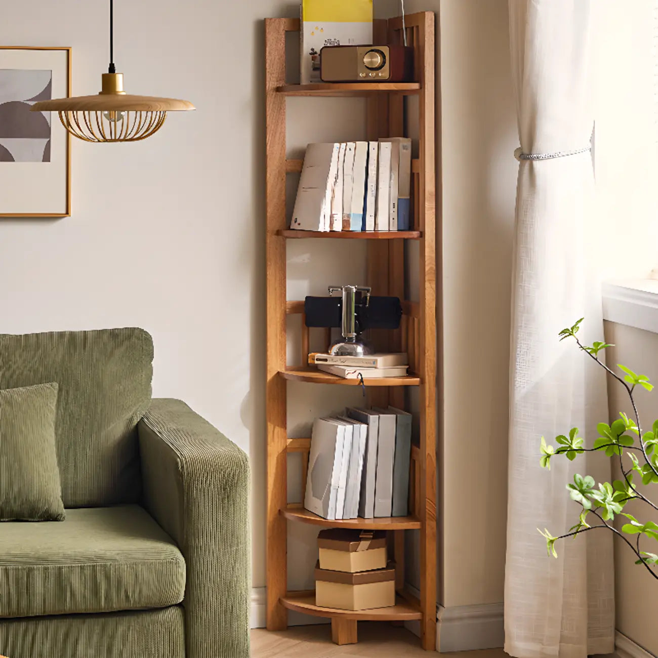 Bibliothèque d'angle ouverte étroite à 5 niveaux en bois brun noyer