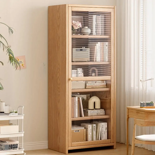 Bibliothèque de bureau rectangulaire en bois et verre avec porte fermée