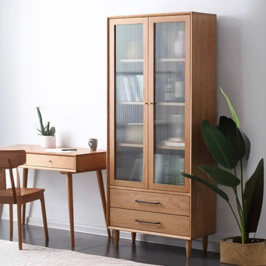Bibliothèque étroite moderne en bois naturel à 2 tiroirs