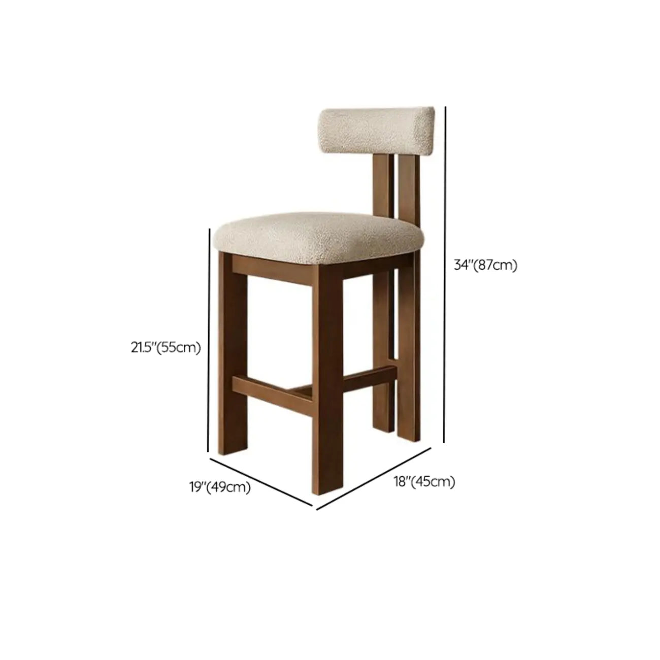 Tabourets de bar sans accoudoirs en tissu bouclé blanc et bois marron