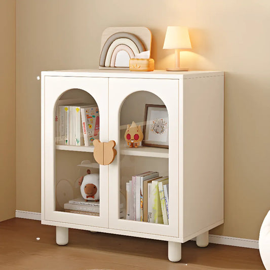 Bibliothèque moderne basse en bois blanc avec portes vitrées
