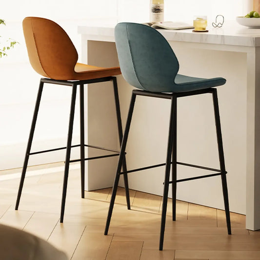 Tabourets de bar en cuir à dossier bas orange selle