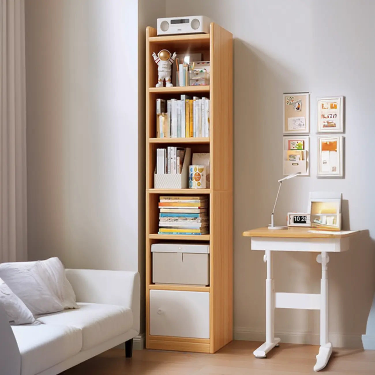 Bibliothèque étroite en bois blanc à 6 étagères avec armoire