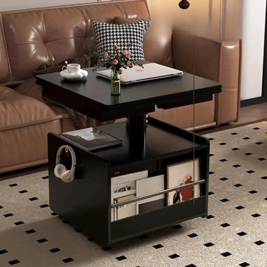 Table basse roulante moderne réglable en bois brun noyer