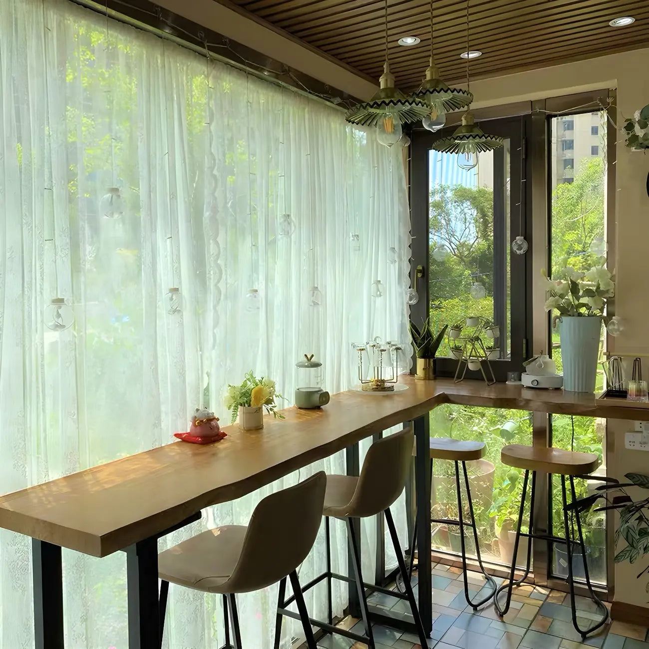 Table de bar moderne en bois brun et fer, style traîneau, pour pub