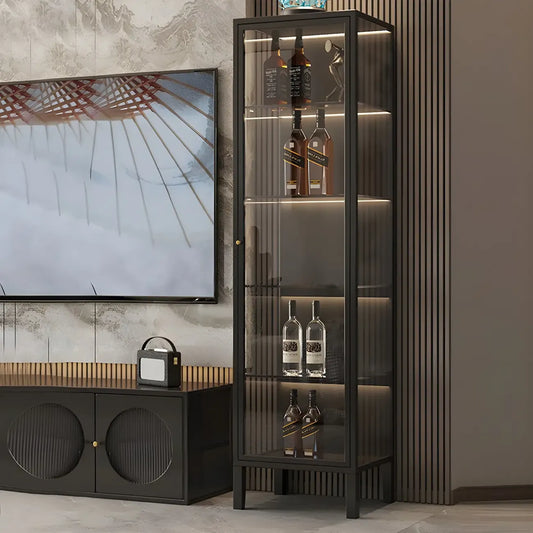 Élégante vitrine moderne en métal noir et verre.