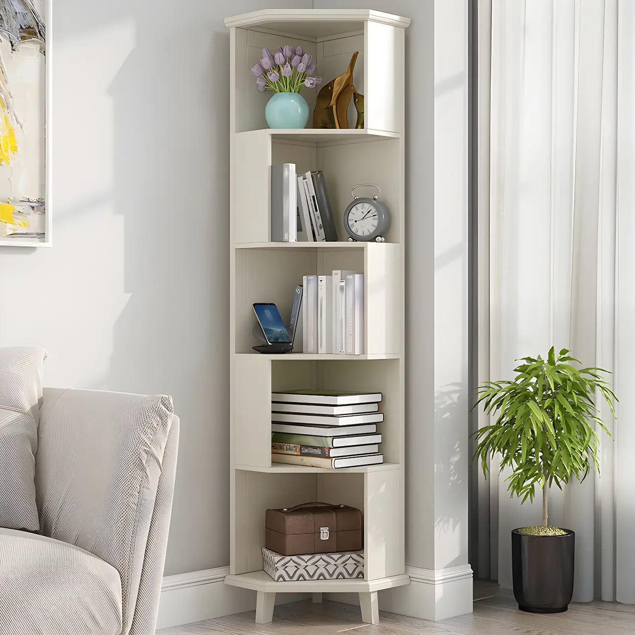 Bibliothèque d'angle simple à 5 niveaux en bois blanc/noyer