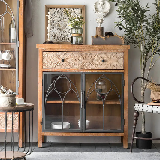 Vitrine classique à deux tiroirs en bois brun moyen et verre