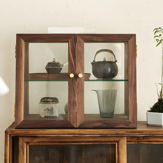 Petit vaisselier en noyer avec porte en verre brun et bois de noyer