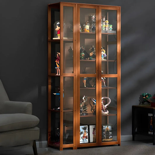 Vitrine ouverte en verre et bambou beige à 7 étagères