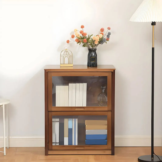 Vitrine réglable en bambou brun avec porte en verre