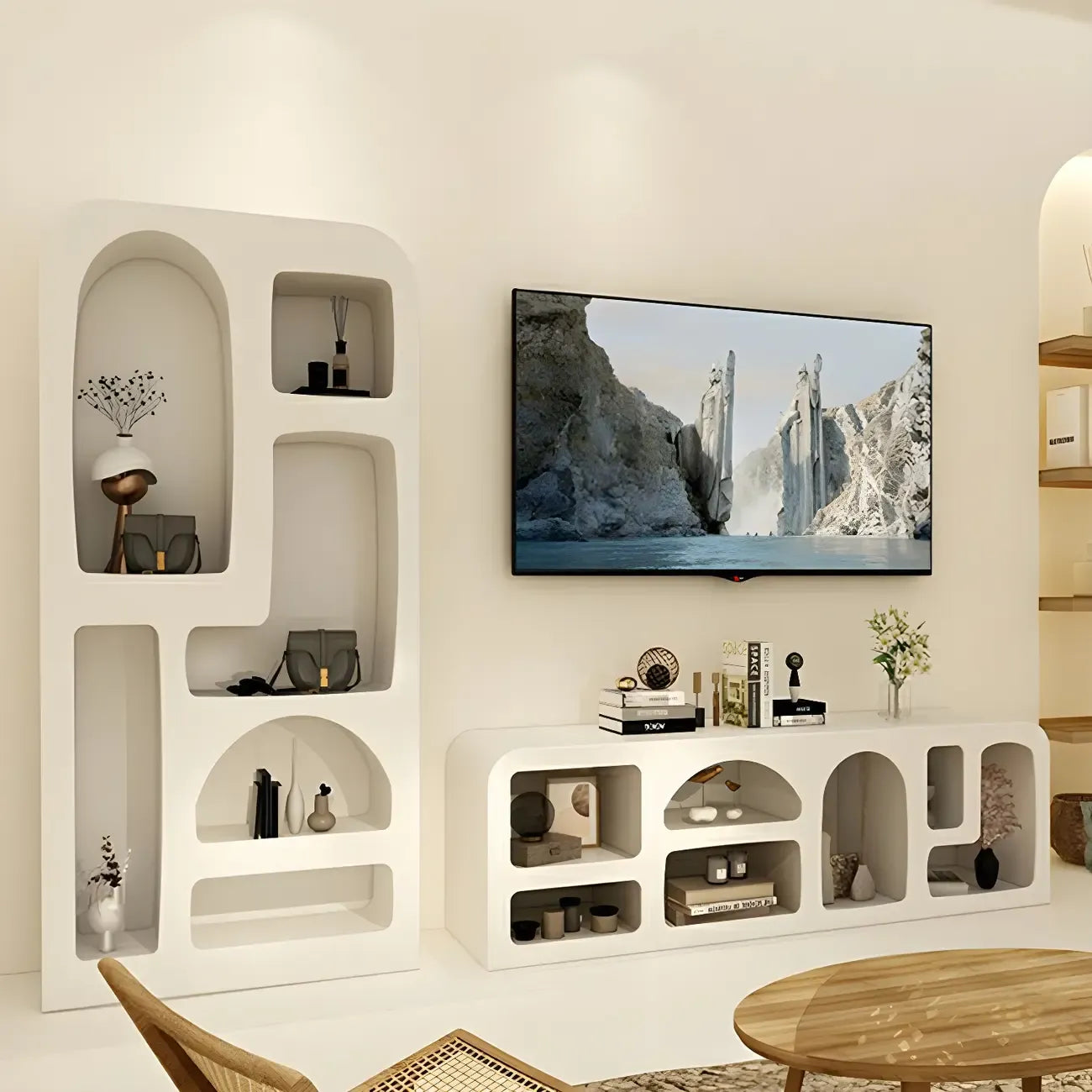 Vitrine à plusieurs étagères ouverte en bois blanc