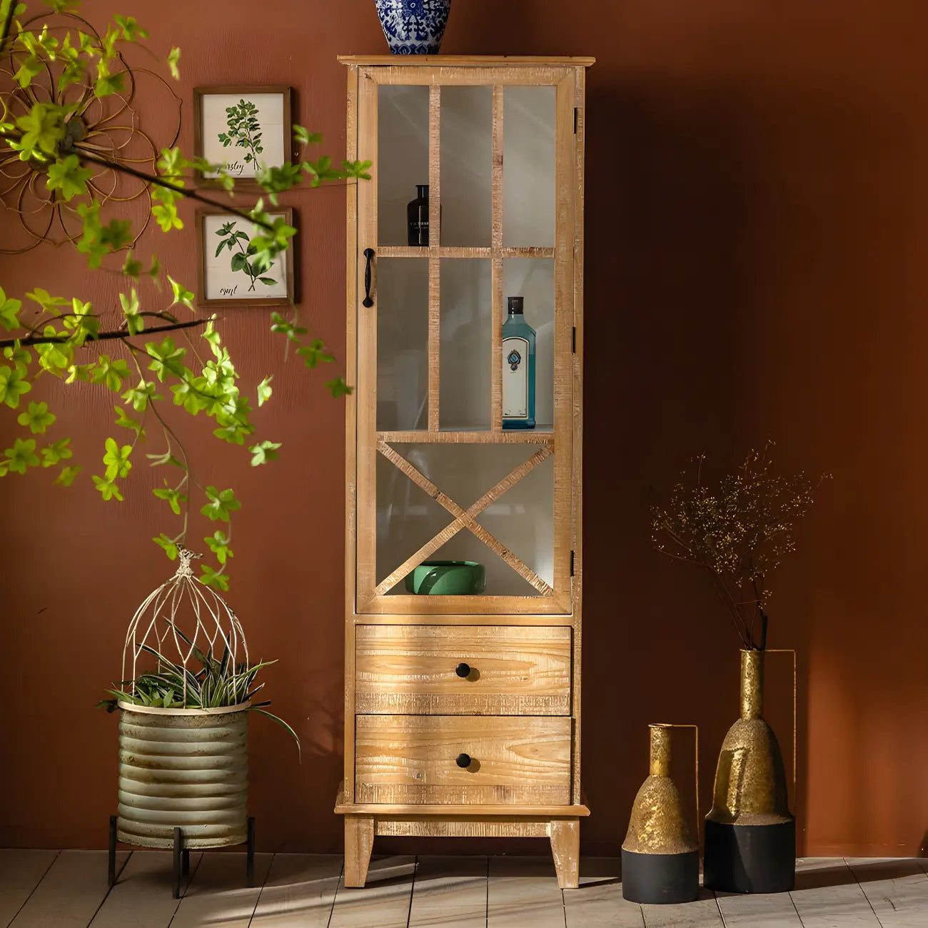 Vitrine standard avec portes vitrées en bois clair naturel