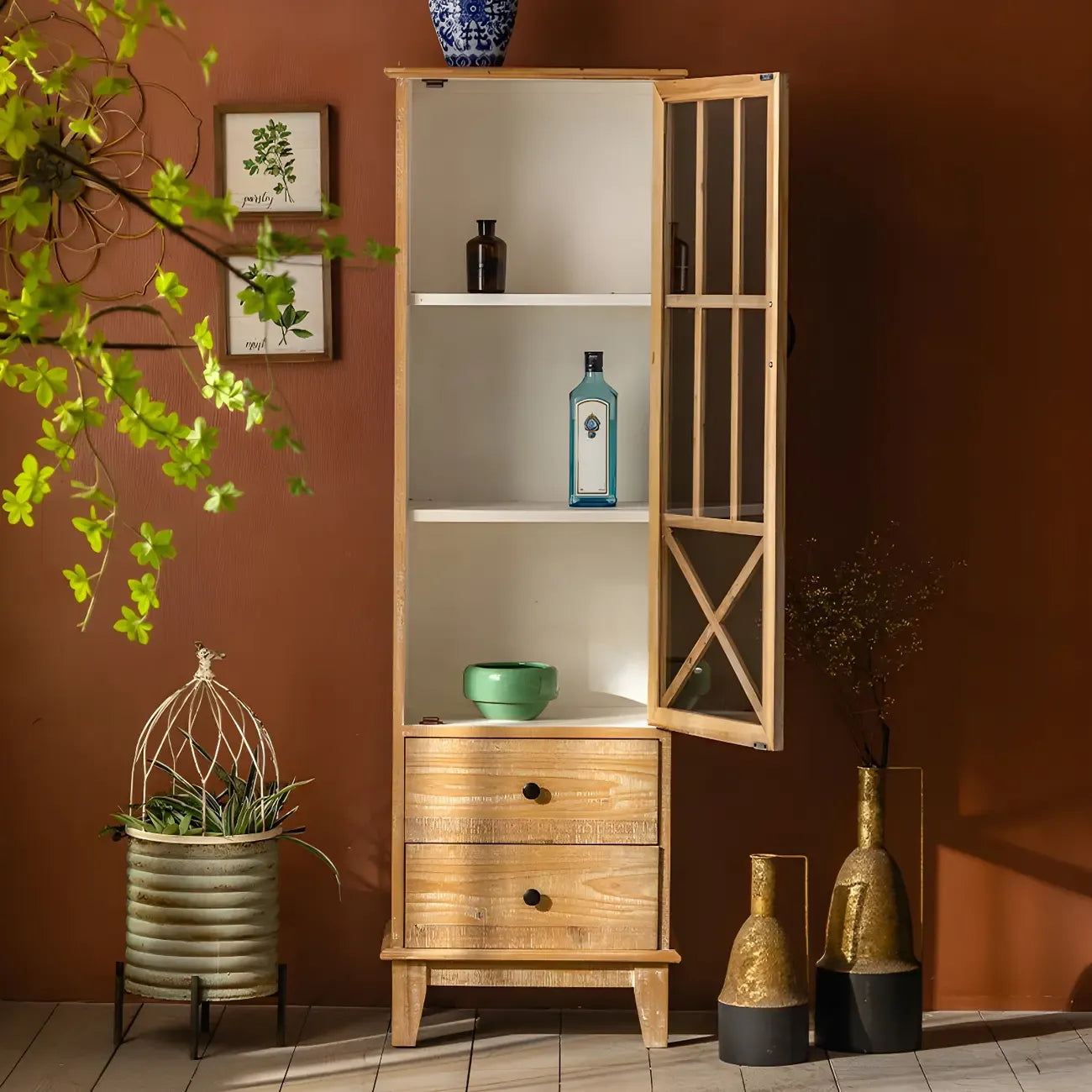 Vitrine standard avec portes vitrées en bois clair naturel