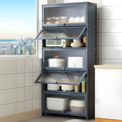 vaisselier de cuisine moderne en acier gris anthracite avec porte vitrée