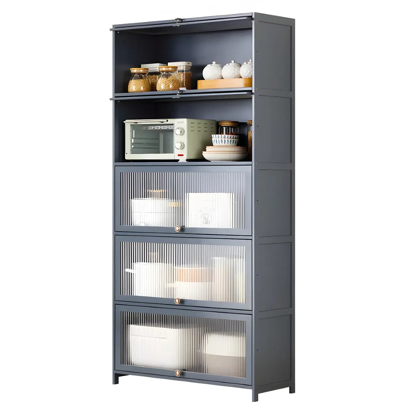 vaisselier de cuisine moderne en acier gris anthracite avec porte vitrée