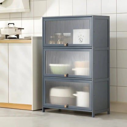 vaisselier de cuisine moderne en acier gris anthracite avec porte vitrée