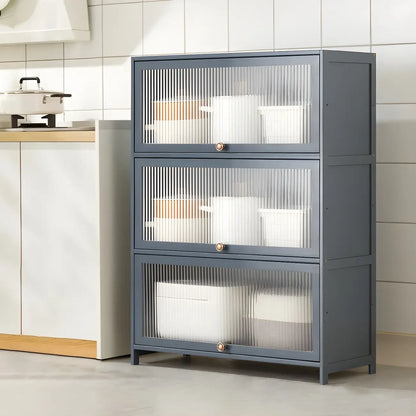vaisselier de cuisine moderne en acier gris anthracite avec porte vitrée