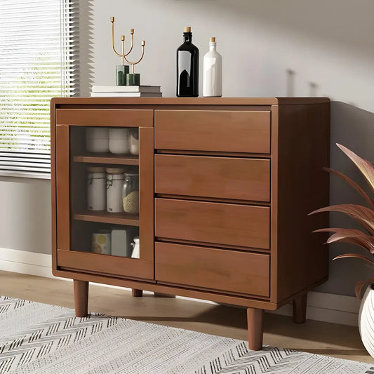 Vitrine en bois clair à plusieurs tiroirs avec portes vitrées