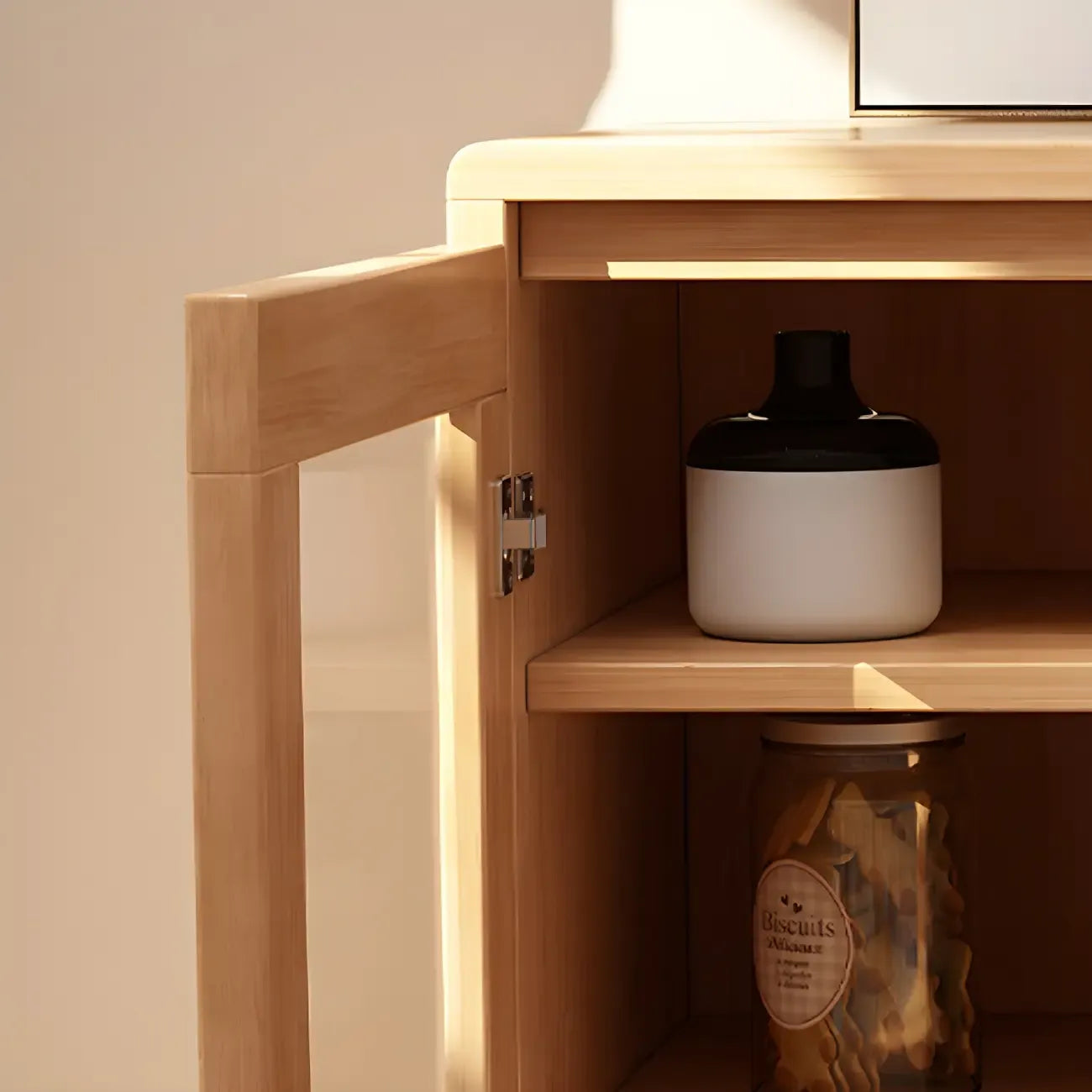 Vitrine en bois clair à plusieurs tiroirs avec portes vitrées