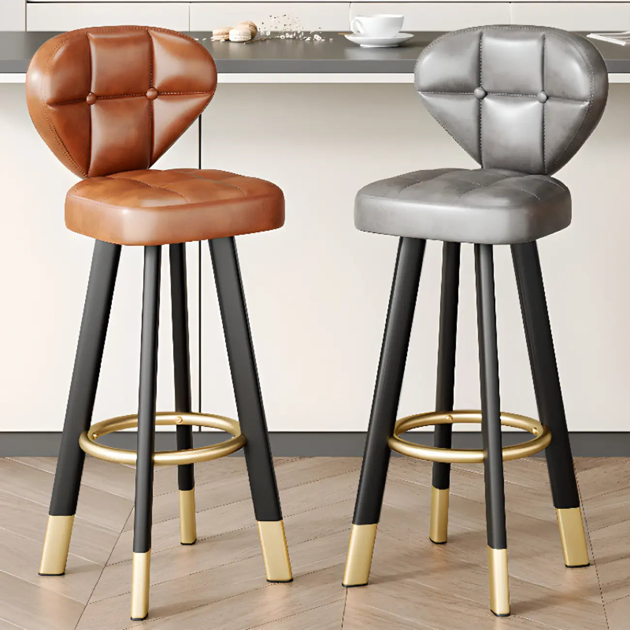 Tabourets de bar modernes capitonnés, hauteur comptoir, avec repose-pieds en métal