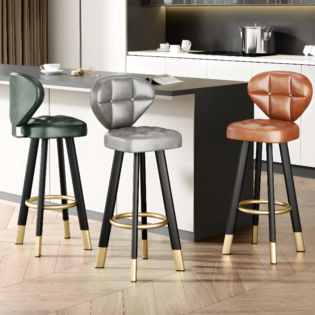 Tabourets de bar modernes capitonnés, hauteur comptoir, avec repose-pieds en métal