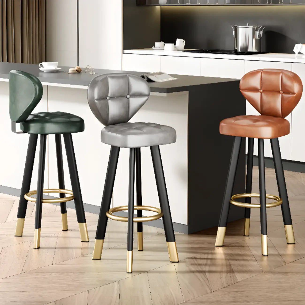 Tabourets de bar modernes capitonnés, hauteur comptoir, avec repose-pieds en métal