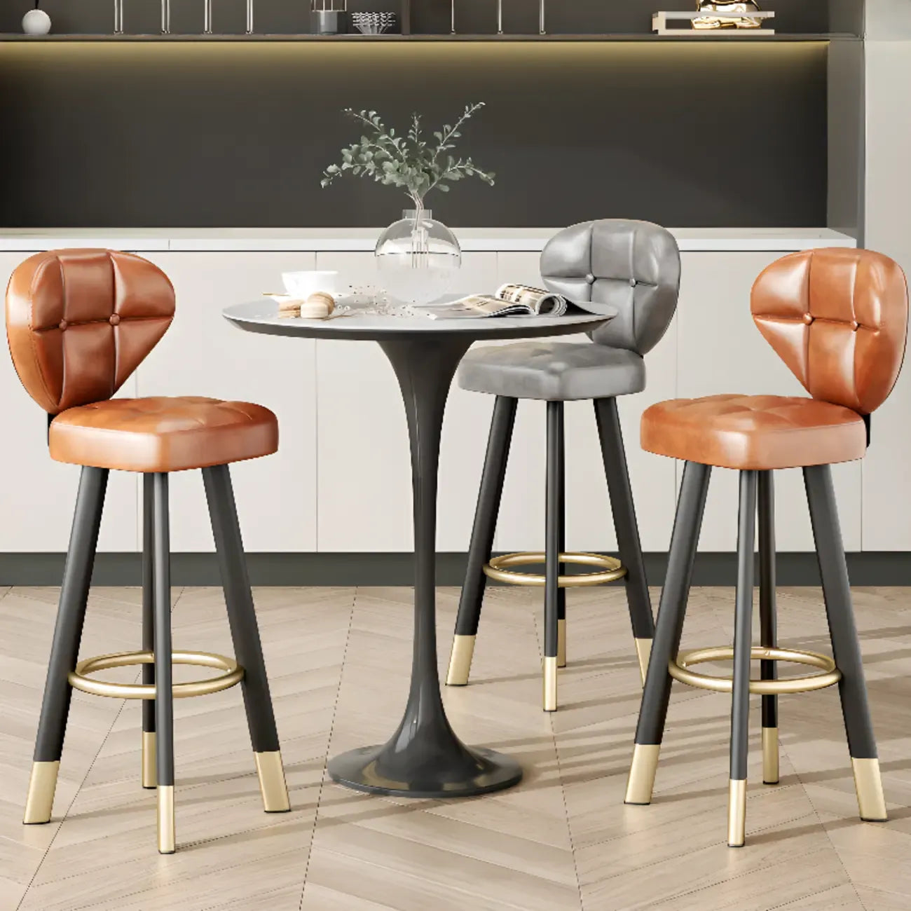 Tabourets de bar modernes capitonnés, hauteur comptoir, avec repose-pieds en métal