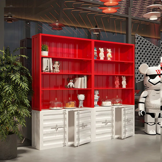 Vitrine industrielle en métal rouge avec rangement ouvert pour la maison