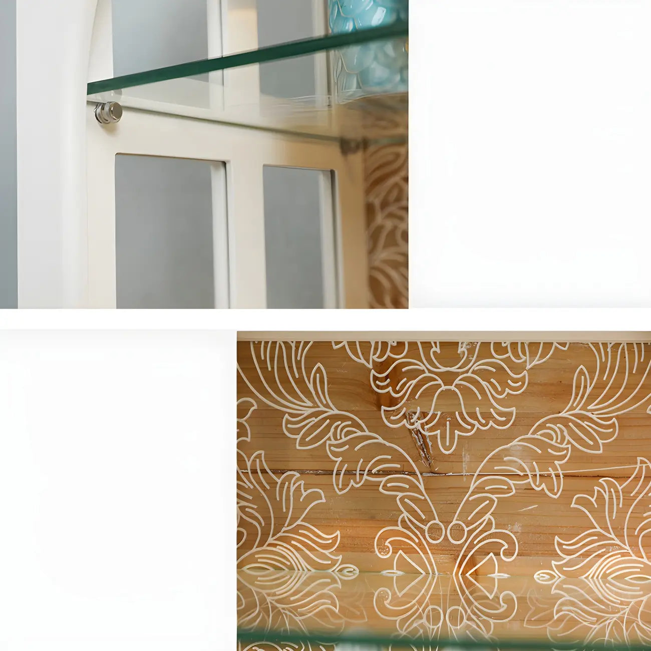 Vitrine rectangulaire en bois blanc avec étagère en verre