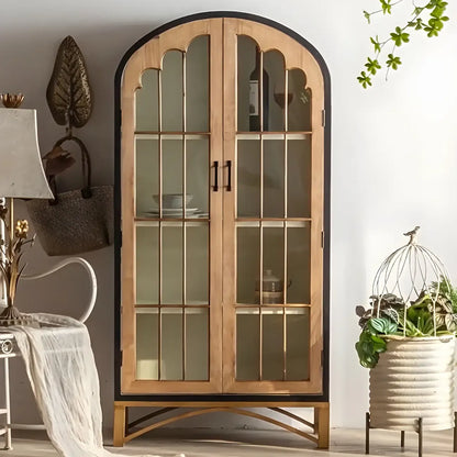 Vitrine en bois naturel avec portes vitrées et tiroirs