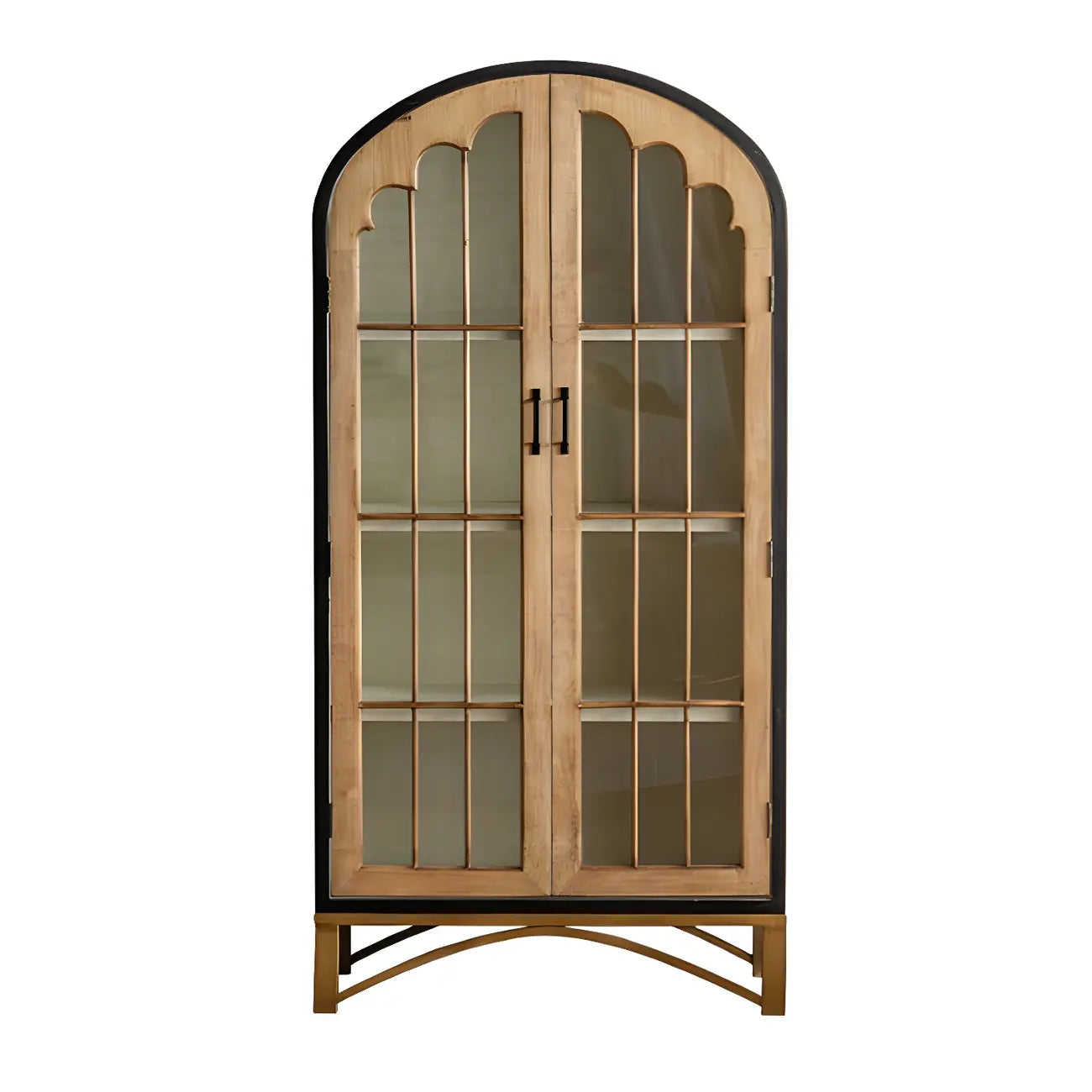 Vitrine en bois naturel avec portes vitrées et tiroirs