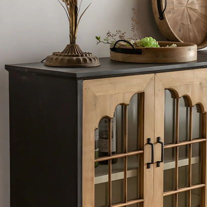 Vitrine en bois naturel avec portes vitrées et tiroirs