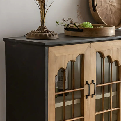 Vitrine en bois naturel avec portes vitrées et tiroirs