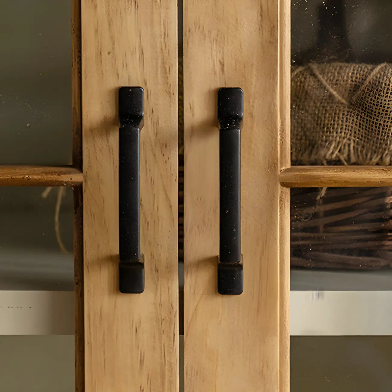 Vitrine en bois naturel avec portes vitrées et tiroirs