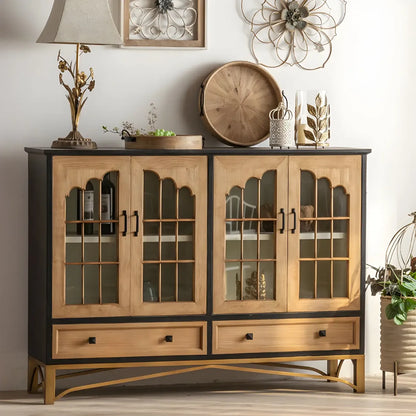 Vitrine en bois naturel avec portes vitrées et tiroirs