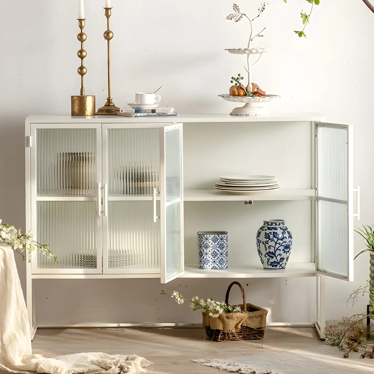 Vitrine moderne en métal blanc avec portes vitrées