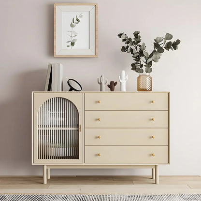 Vitrine à tiroirs multiples en bois blanc avec portes vitrées