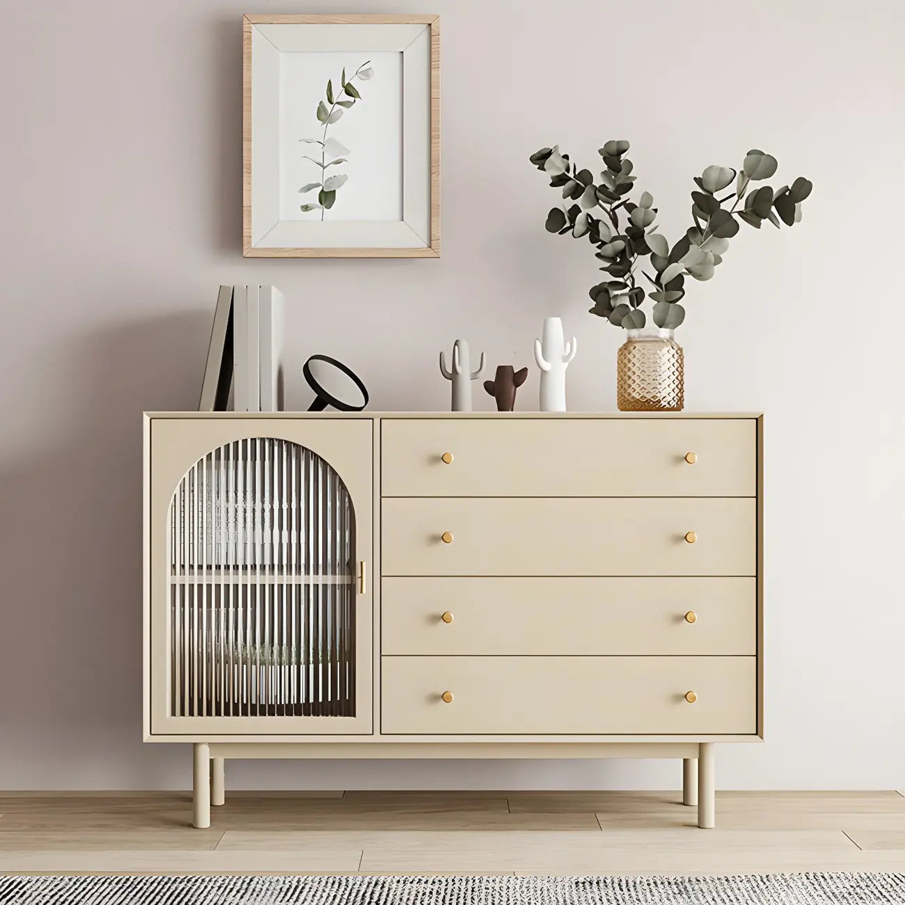 Vitrine à tiroirs multiples en bois blanc avec portes vitrées