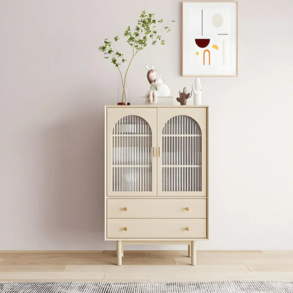 Vitrine à tiroirs multiples en bois blanc avec portes vitrées