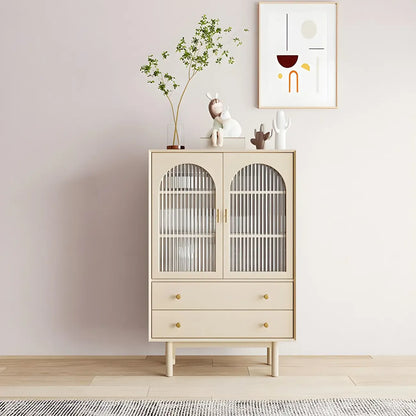 Vitrine à tiroirs multiples en bois blanc avec portes vitrées