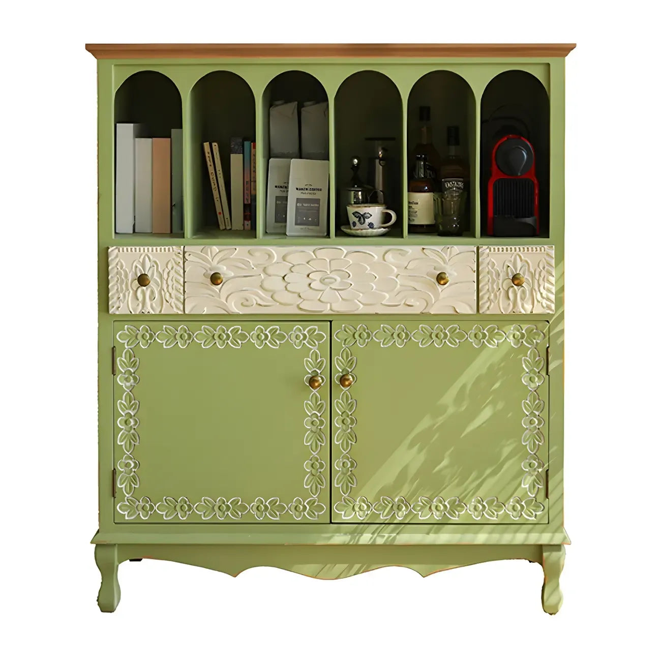 vaisselier en bois vert style campagne française avec rangement