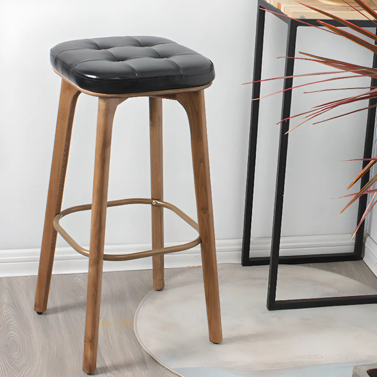 Tabourets de bar scandinaves en bois capitonné et similicuir, sans dossier